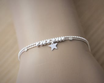 Bracelet minimaliste multi-rangs en argent massif 925 double chaine avec perles argent et médaille étoile