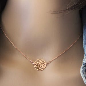 Minimalist and geometric silver sterling plated Pink gold 18k necklace rosette mandala pendant