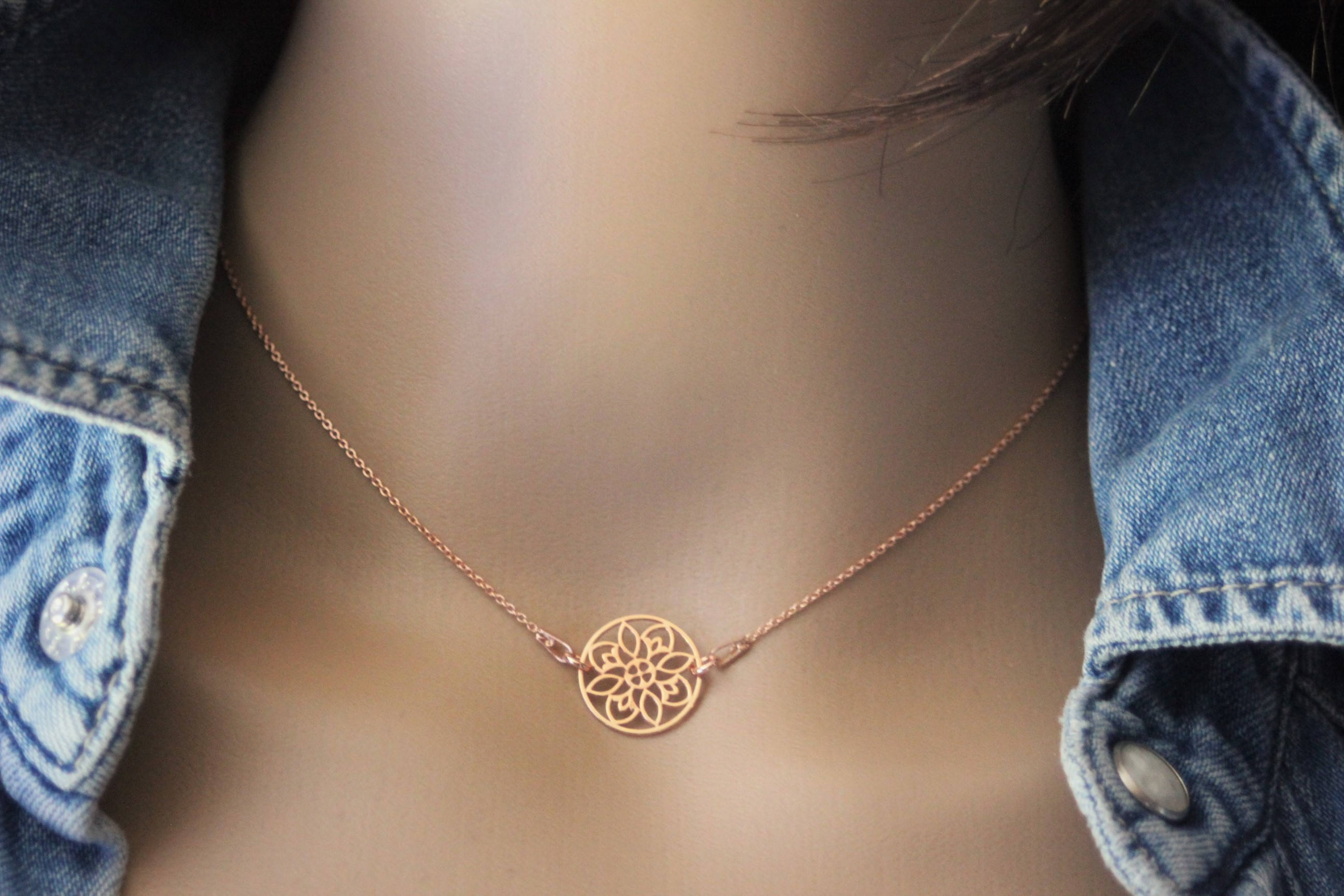 Minimalist and geometric silver sterling plated Pink gold 18k necklace rosette mandala pendant