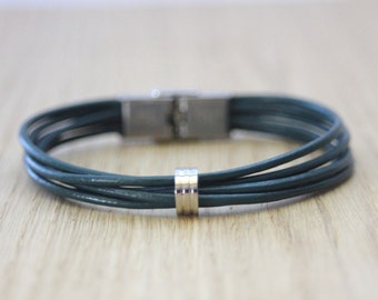 Men&#39;s Bracelet petrol blue leather and steel pearl clasp stainless steel
