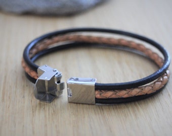 Pulsera para hombre en cuero negro y cuero marrón trenzado con cierre de acero inoxidable
