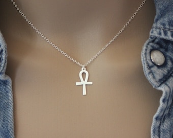 Minimalist silver sterling necklace pendant cross of life or Ankh cross