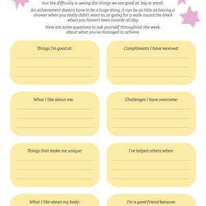 May include: A self-reflection worksheet titled "Things we are good at" with light green text and pink star illustrations. The worksheet includes prompts for self-assessment, such as "Things I'm good at" and "Compliments I have received."