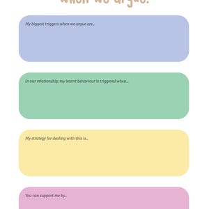 May include: A printable worksheet titled Relationship trigger points when we argue. It features four colored rectangular boxes in light blue, green, yellow, and pink, each containing a prompt for writing personal reflections on relationship dynamics.