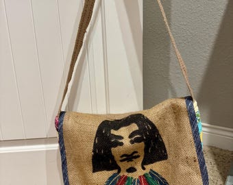 OOAK Lined Messenger Bag Vintage "El Indio" Burlap Coffee Bag, Vintage Quilt, Fully Lined