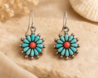 Vintage Sterling Silver Turquoise Coral Cluster Flower Earrings | Southwestern Style Dangle Earrings | 925 Boho Artisan Jewelry