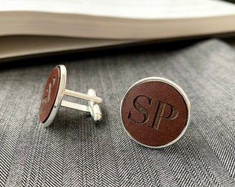 Custom cufflinks gift for Valentines Day, engraved cufflinks with leather, personalized cuffs, wedding cufflinks, leather gift for him