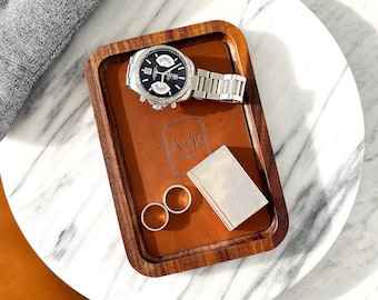 Personalized catchall tray for him, Wooden valet tray with leather detail, desk organizer, husband gift, nightstand organizer for men