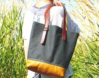 Waxed Canvas Leather Tote Bag for Her, Everyday Use Leather Shoulder Bag, Leather Accessories, Leather Tote Bag For Women