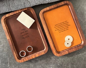 Wood catchall tray for him valet tray with personalized leather detail, gifts for boyfriend or husband, nightstand organizer for men, edc