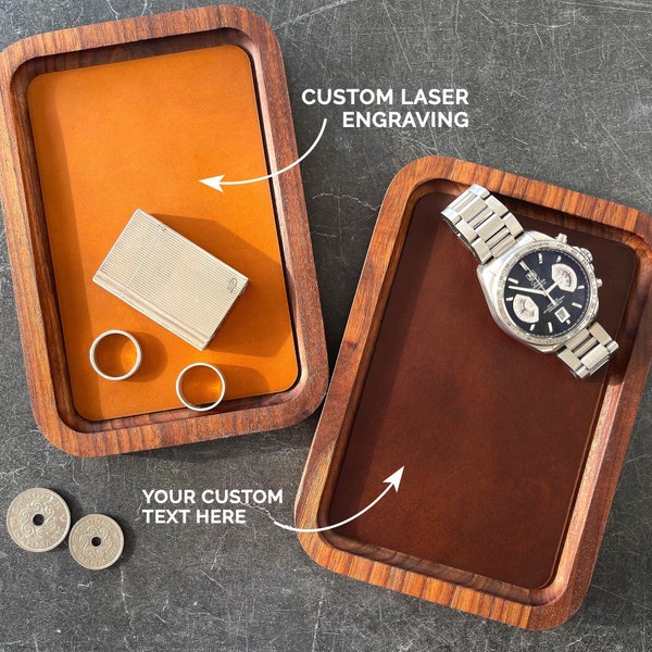 Mens valet tray, Wooden catchall tray with personalized leather detail, wedding gift, anniversary gift, desk organizer