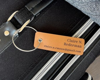 Handcrafted Personalized Brown Leather Luggage Tag, Travel Gift With Custom Engraving for Him or Her