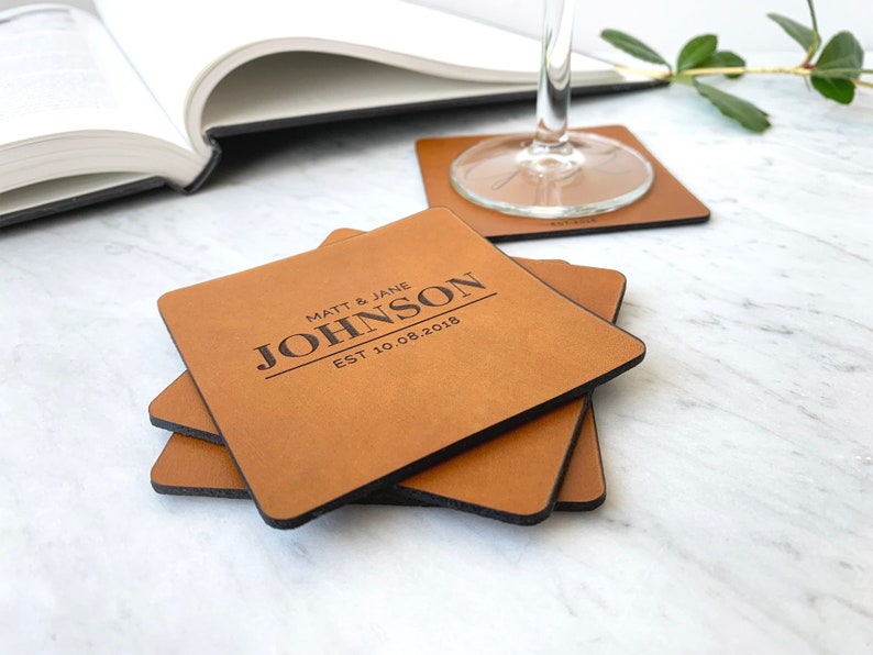 Personalized Leather Coasters, Gift for Men, Anniversary Gift, Custom Coasters, Personalized Leather Gift, Gift for Him, Valentines Gift image 1