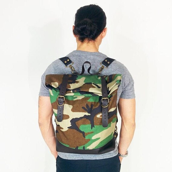Camo Leather and Canvas Backpack, Handcrafted Leather  display picture 3