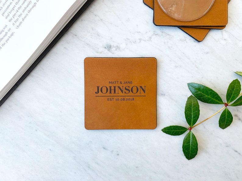 Personalized Leather Coasters, Gift for Men, Anniversary Gift, Custom Coasters, Personalized Leather Gift, Gift for Him, Valentines Gift Style D