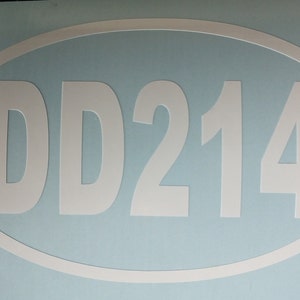 May include: White oval sticker with the text "DD214" in white lettering on a light blue background.