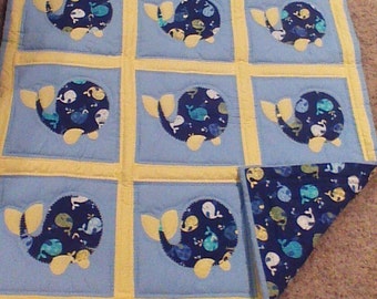 Blue and yellow whale baby quilt