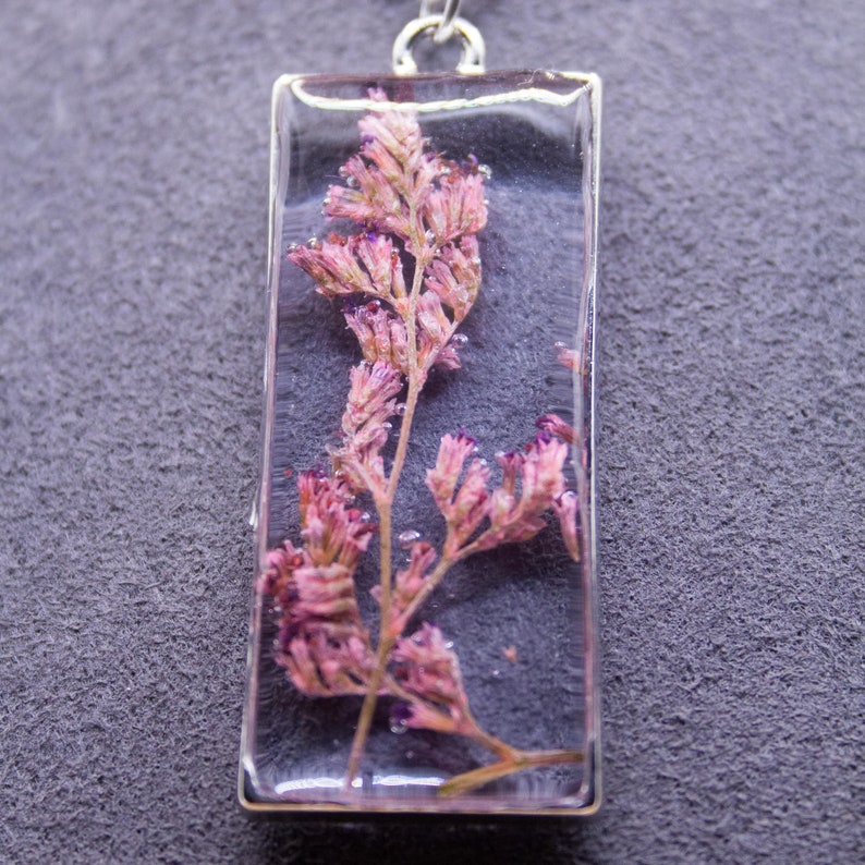 Rectangular Floating Flower Necklace Pink Flower Necklace Silver Necklace With Pink Flower Silver Pendant Pink Flower Necklace