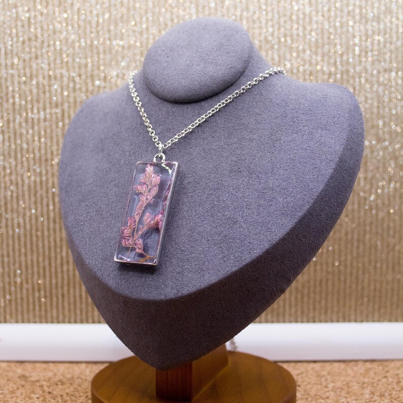 Rectangular Floating Flower Necklace Pink Flower Necklace Silver Necklace With Pink Flower Silver Pendant Pink Flower Necklace