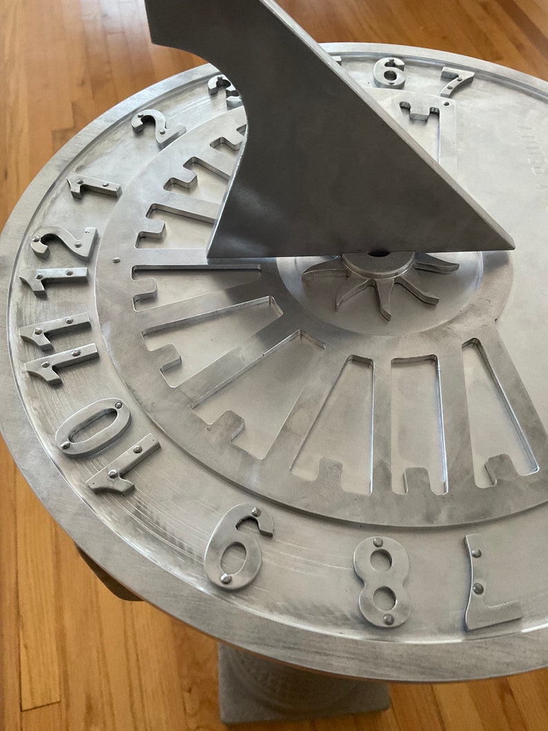 Garden, anniversary, special event sundials, aluminum machined ,12 & 15 diameter available. Maximum 100 characters engraved. image 3