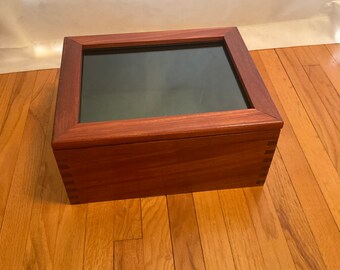 Mahogany or pine picture keepsake boxes, with stainless hardware.