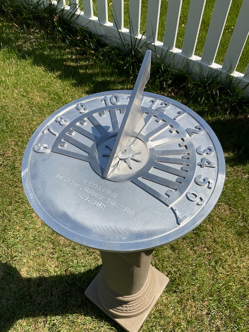 Garden, anniversary, special event sundials, aluminum machined ,12 & 15 diameter available. Maximum 100 characters engraved. image 1