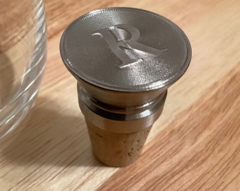 Personalized surface engraved, monogram wine stopper with custom pine box and replacement cork. Completely machined from 304 stainless.