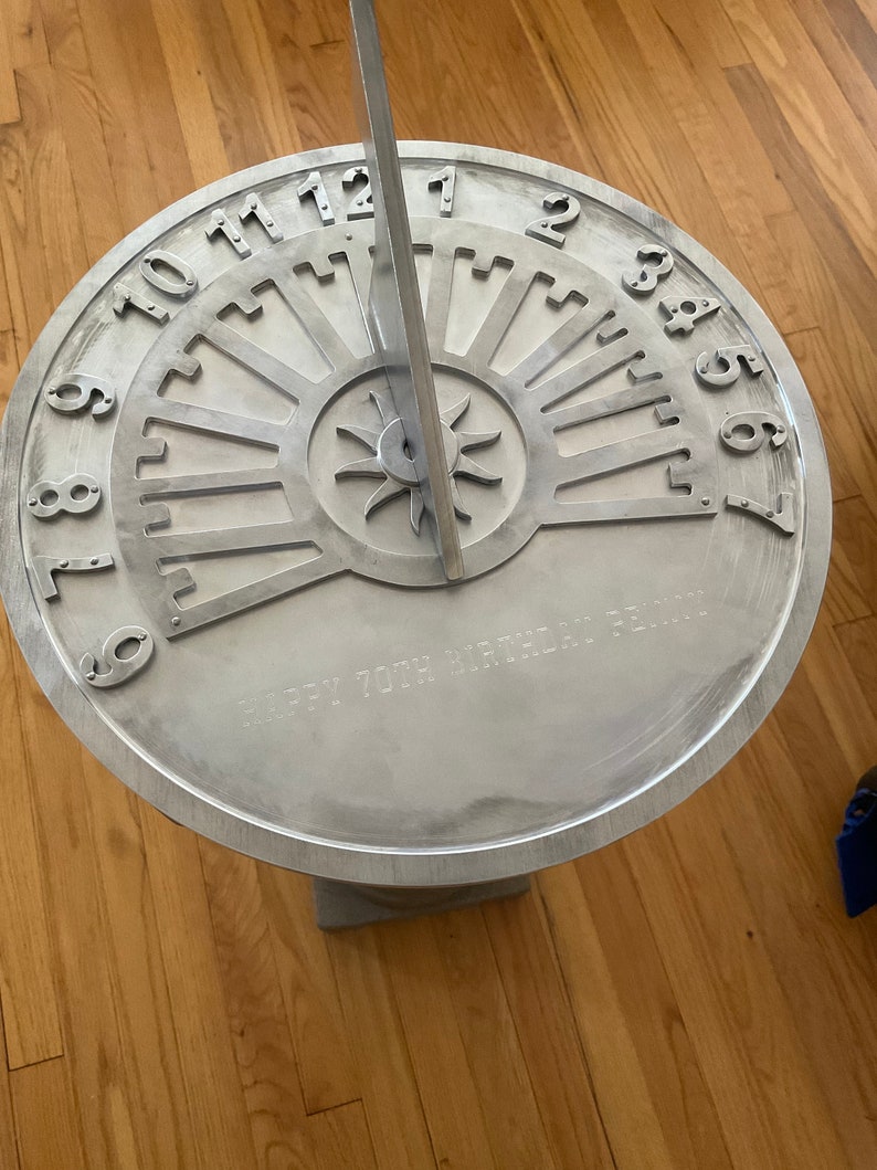 Garden, anniversary, special event sundials, aluminum machined ,12 & 15 diameter available. Maximum 100 characters engraved. image 5
