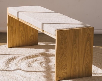 Hardwood Boucle Cushion Bench &quot;Frame&quot; // White Oak Walnut Japandi Scandinavian Minimalist Sustainable Maple Stain Proof Customizable Bench