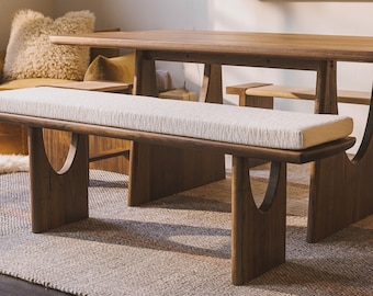 Hardwood Boucle Cushion Dining Bench // &quot;Arch&quot; Customizable Oak Walnut Japandi Scandinavian Minimalist Sustainable Handmade Maple Bench