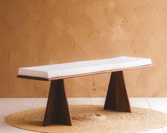 Customizable Handmade Oak Dining "Repose Bench" : Velvet Boucle Cushion, Japandi Minimalist Design