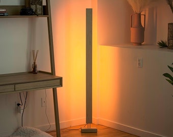 Wooden LED Color Floor Light // Dimmable Hardwood RBG Floor Night Sculpture Brass Corner Light w/ Remote Controller, Modern Minimalist