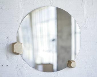 Round Wall Mirror With Geometric Hardwood Knob Studs //  White Maple Mounted Large Mirror