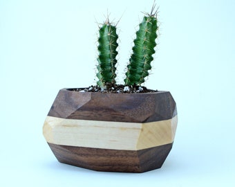 Geometric Wooden Planter Black Walnut -- * * Unique Wood Cactus Succulent Pot Terrarium -- Botanical Garden Gift