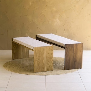 Upholstered Bench, Custom White Oak or Walnut "Frame" Bench With Boucle Cushion