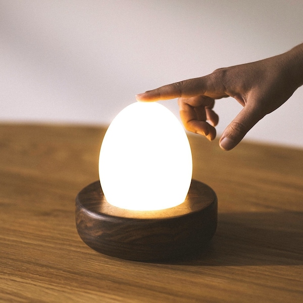 Touch Control Portable Hardwood Egg Lamp // Minimalist Modern Japandi Wooden Ambient Dimmable Rechargeable Nightlight