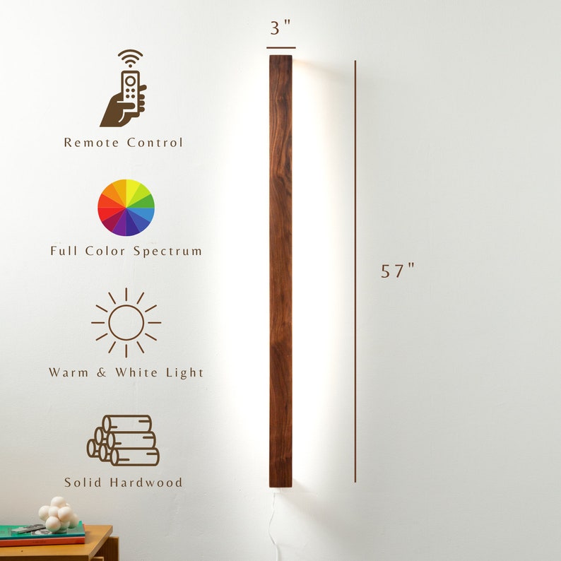 Puede incluir: L&aacute;mpara de pared LED vertical de madera, de 7,6 cm de ancho y 144,8 cm de alto, con luz c&aacute;lida y blanca. Incluye mando a distancia, espectro de color completo y madera maciza.