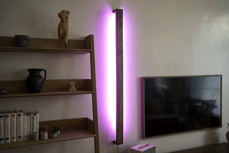 Wooden LED Color Wall Light Sconce // Dimmable Floating Hardwood RBG Floor Atmosphere Corner Lamp with Remote // Modern Minimalist Black Walnut / Color