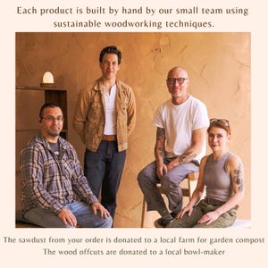 May include: A photograph of four people, possibly a small business team, with text about handmade products and sustainable woodworking. The text mentions sawdust donation to a local farm and wood offcuts to a bowl-maker.