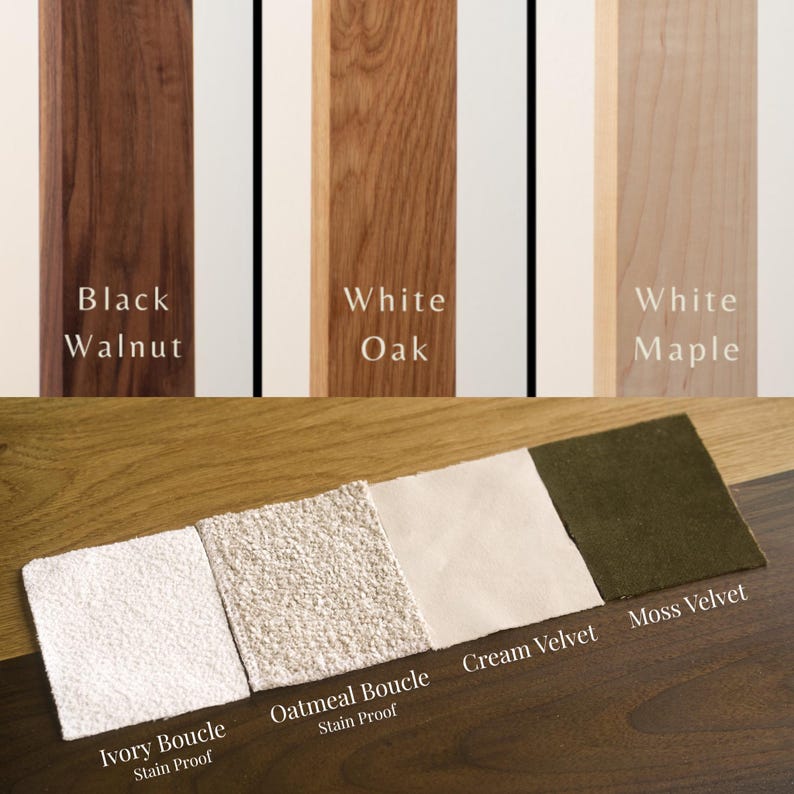 K&ouml;nnte beinhalten: Drei vertikale Holzmuster mit der Beschriftung Black Walnut, White Oak und White Maple sowie vier Stoffmuster mit der Beschriftung Ivory Boucle Stain Proof, Oatmeal Boucle Stain Proof, Cream Velvet und Moss Velvet auf einer Holzoberfl&auml;che.
