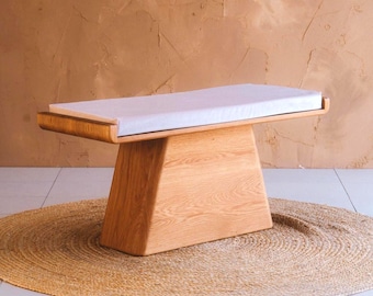 Customizable Handmade Oak Dining Entryway "Taper Bench" : Velvet Boucle Cushion, Japandi Minimalist Design