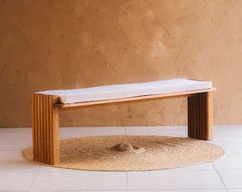 Customizable Handmade "Ami Bench" Oak Dining Entryway Velvet Boucle Cushion, Japandi Minimalist Design
