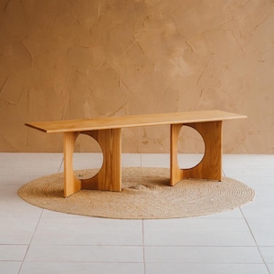 Customizable Handmade Oak Walnut Boucle Cushion "Echo" Bench, Japandi Minimalist Style