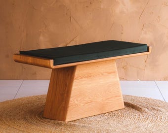 Customizable Handmade Oak Dining Entryway "Taper Bench" : Velvet Boucle Cushion, Japandi Minimalist Design