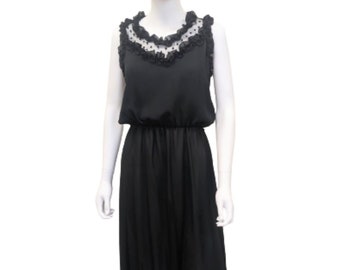 Vintage 80s Sheer Ruffles and Dots Dress in Black Midi Length Lizzy & Johnny Women's size S / M