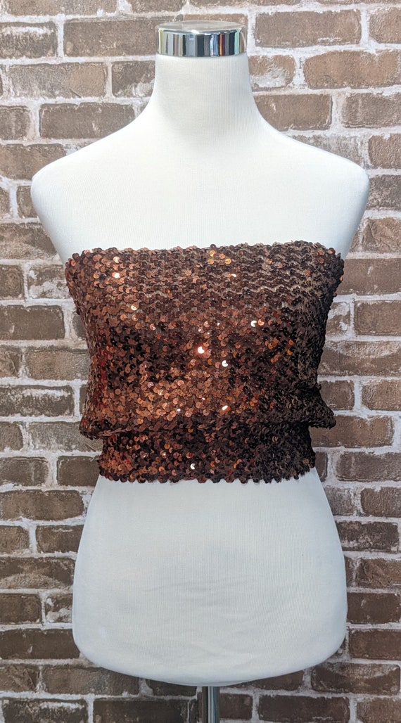 Vintage 80s Tube Top Shirt Bronze Sequins Sequinn… - image 4