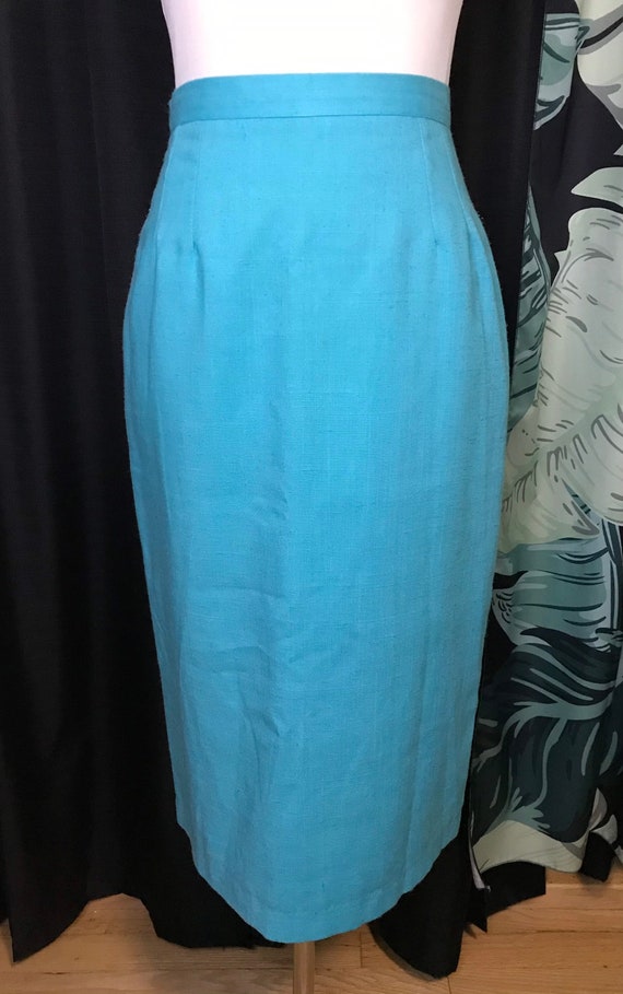 Vintage 80s Does 50s Pencil Skirt Turquoise Linen… - image 3