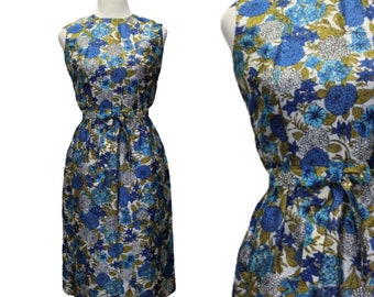 Vintage 60s Dress Blue & Olive Floral Sheath - size S