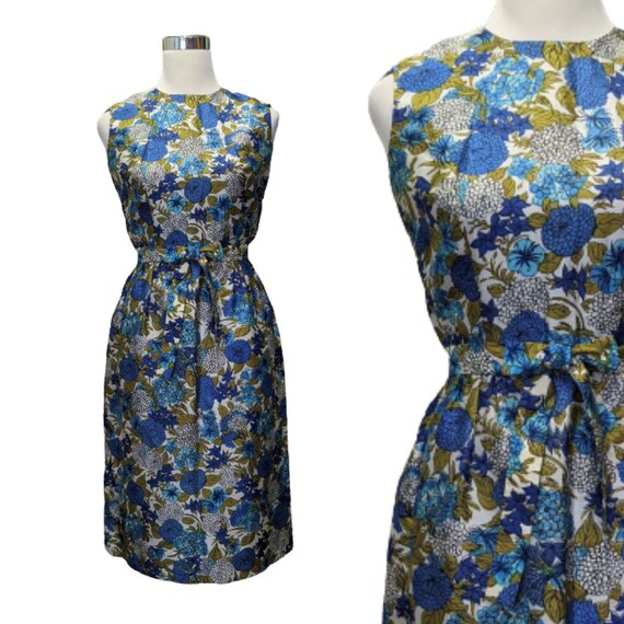 Vintage 60s Dress Blue & Olive Floral Sheath - si… - image 1