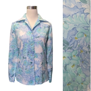 Vintage 70s Hawaiian Shirt Aqua Turquoise Floral Print Tori Richards- size L